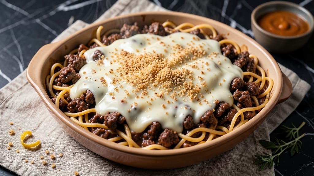 Beef and Egg Noodle Casserole Recipe: Crispy Top, Creamy Cheese Rivers Inside