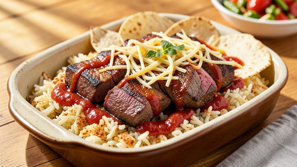 Beef Baked Rice Recipe: Crispy Tortilla Crowns Over Cheesy Umami Base