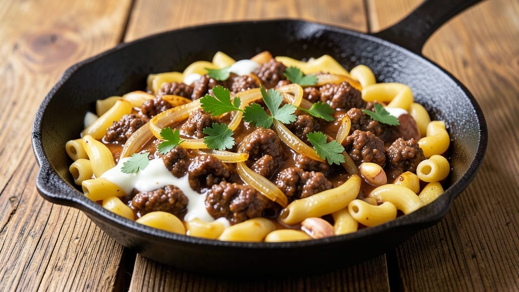 Beef and Macaroni Skillet Recipe: One-Pan Cheesy Crunch With Caramelized Onions