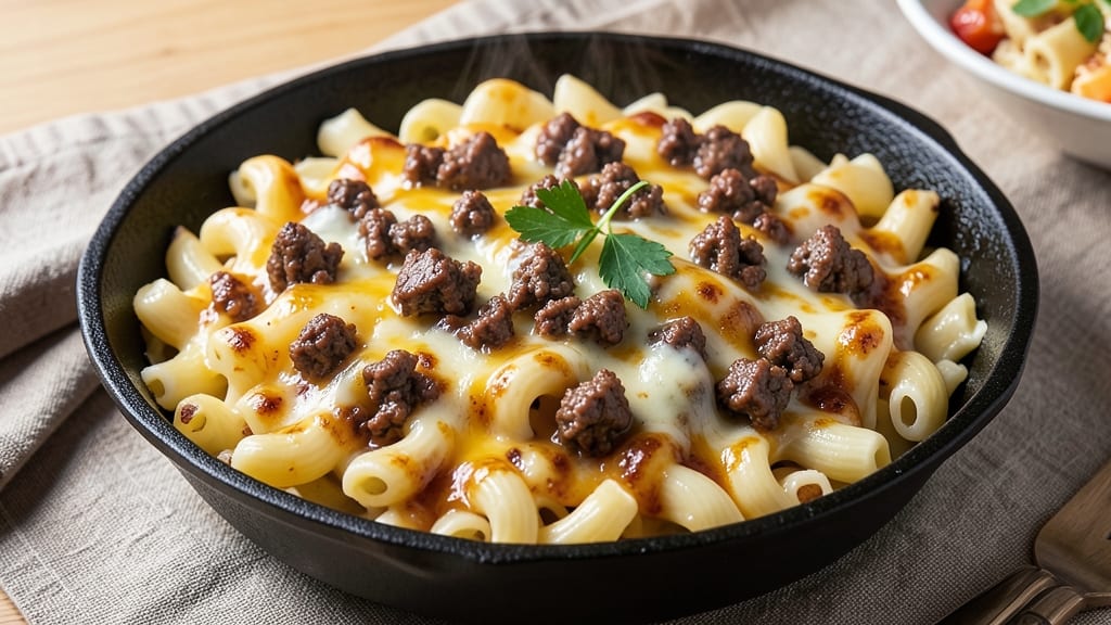 Baked Mac and Cheese With Beef Recipe: Crispy Tortilla Crowns Over Savory Beef-Cheese Rivers