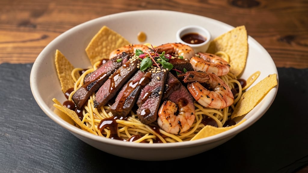 Beef and Shrimp Yakamein Recipe: Crispy Tortilla Crunch Over Silky Soy-Ginger Noodles