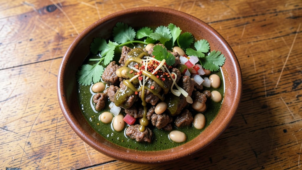 Beef and Bean Chili Verde Recipe: Smoky Tortilla Crunch Over Zesty Tomatillo Base