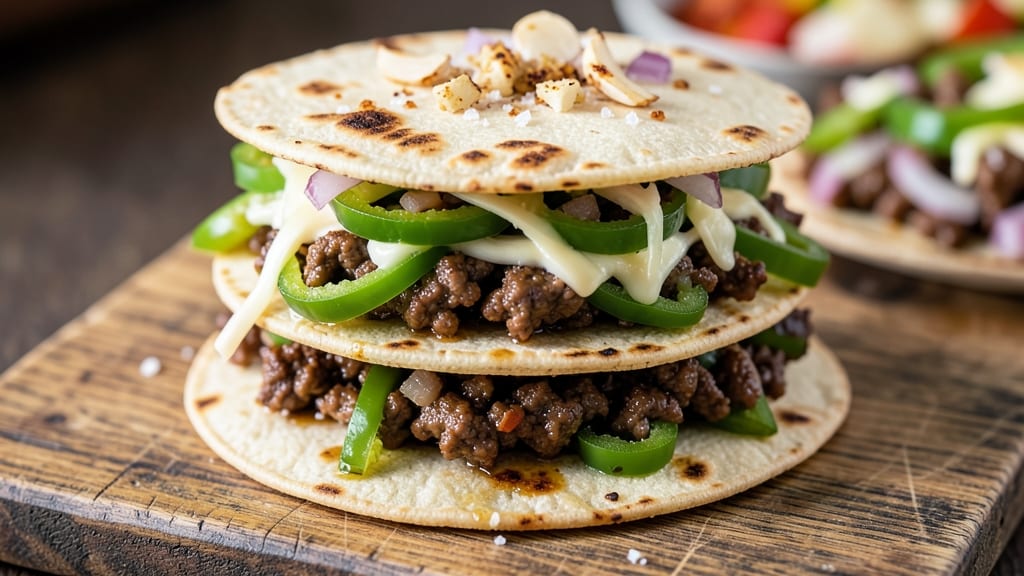 Beef and Pepper Sandwich Recipe: Crispy Tortilla Crunch Over Melted Cheese Rivers