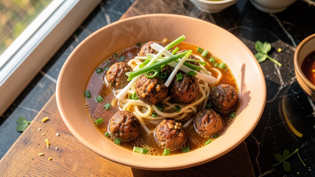 Beef Ball Noodle Soup Recipe: Crispy Tortilla Crowns Over Umami-Rich Broth