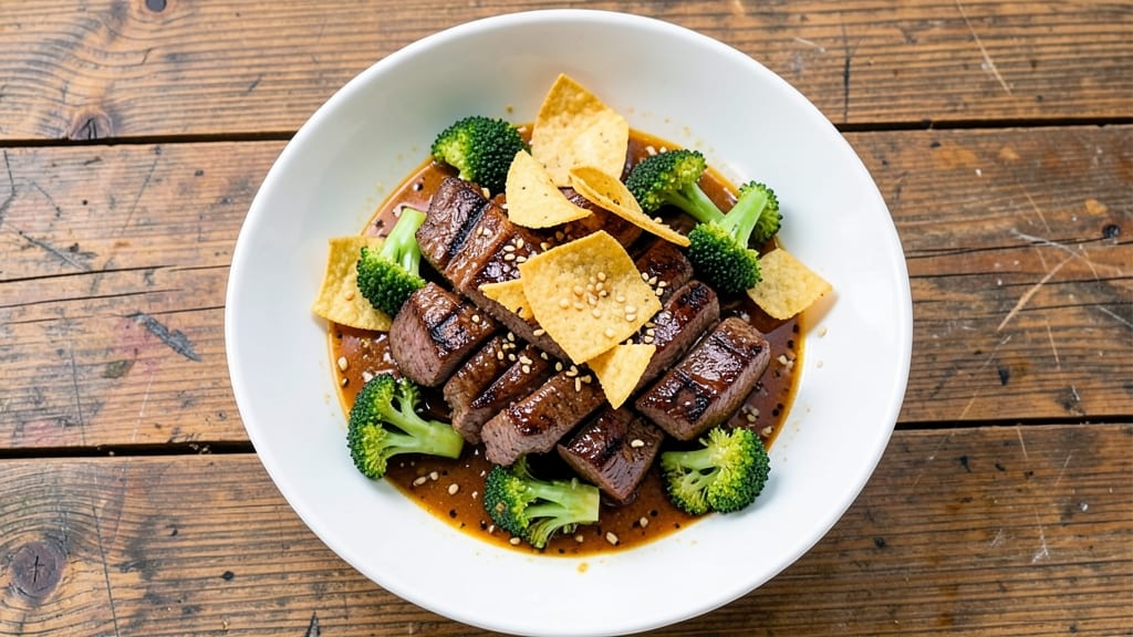 Beef and Broccoli Army Recipe: Crispy Tortilla Crunch Over Silky Soy-Ginger Sauce