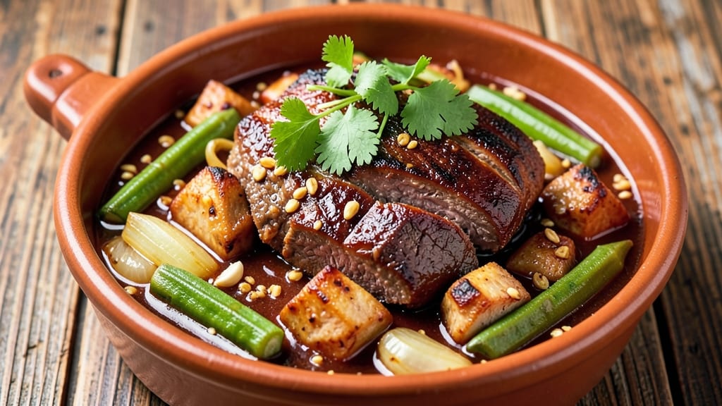 Beef Bicol Express Recipe: Crispy Tortilla Crowns Over Spiced Beef & Okra Stew