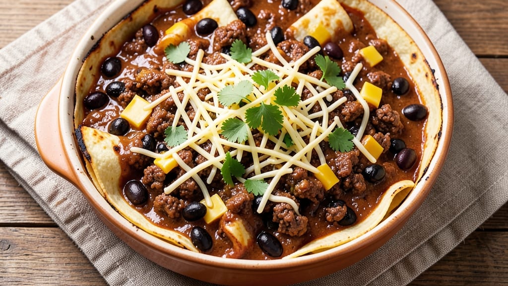 Beef and Black Bean Enchilada Casserole Recipe: Smoky Tortilla Crunch Over Spiced Cheese Rivers