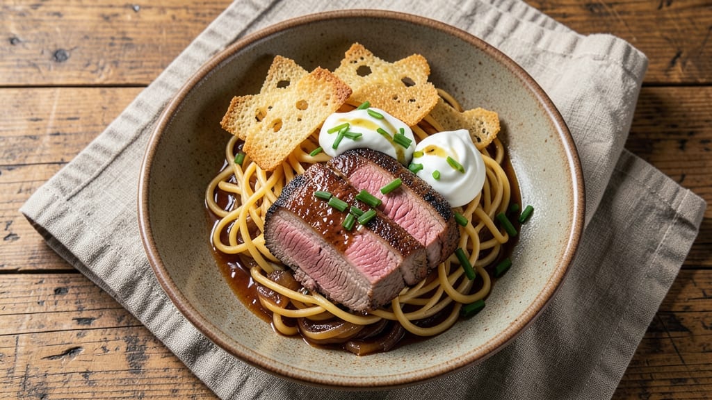 Beef and Noodles With French Onion Soup Recipe: Crispy Onion Crowns Over Rich Beef-Braised Noodles