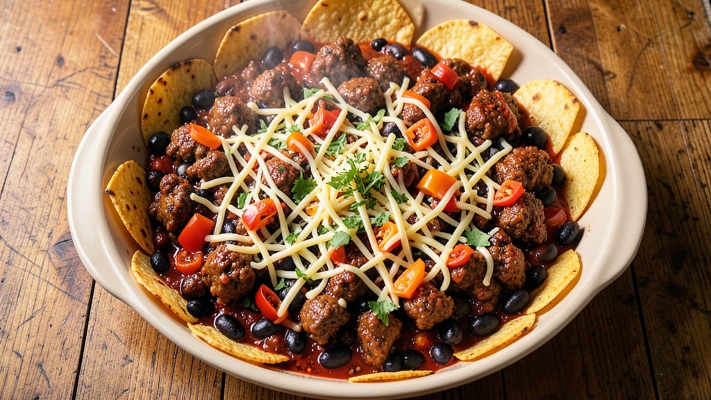 Beef and Bean Taco Casserole Recipe: Crispy Tortilla Crowns Over Spiced Cheese Rivers