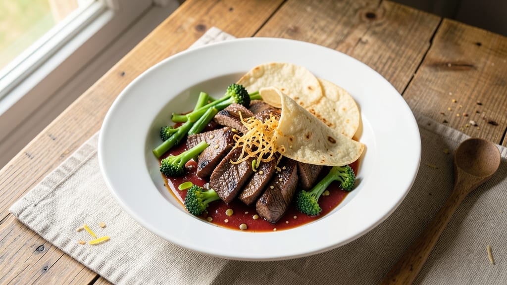Beef and Briccoli Recipe: Crispy Tortilla Crowns Over Hearty Tomato-Braised Beef