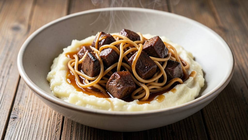 Beef and Noodles Over Mashed Potatoes Recipe: Crispy-Topped Comfort Meal in One Pot