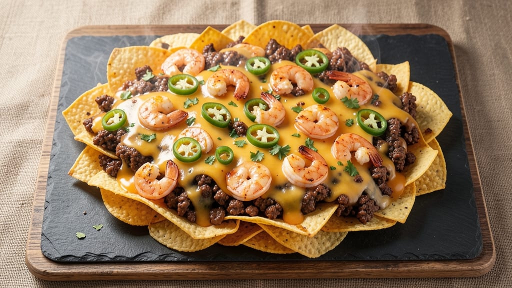 Beef and Shrimp Nachos Recipe: Crispy Tortilla Layers Loaded With Melty Cheese