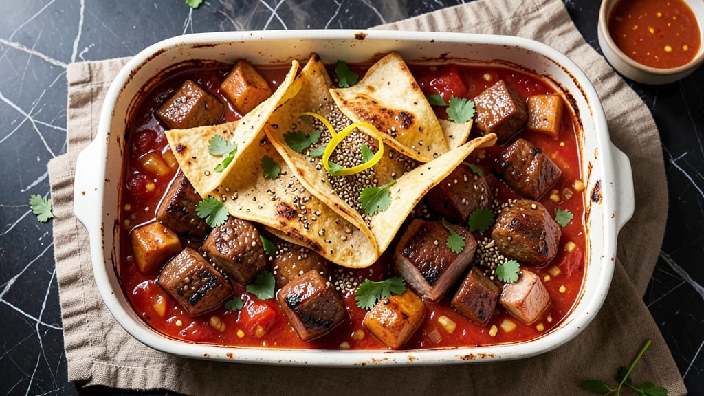 Beef and Pork Casserole Recipe: Crispy Tortilla Crowns Over Savory Tomato Base