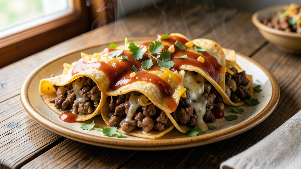 Beef Bean and Cheese Enchilada Recipe: Crispy Tortilla Crowns With Melty Cheese Rivers
