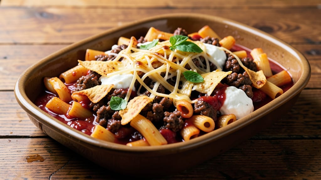 Baked Beef Rigatoni Recipe: Crispy Tortilla Crowns Over Rich Tomato Cheese