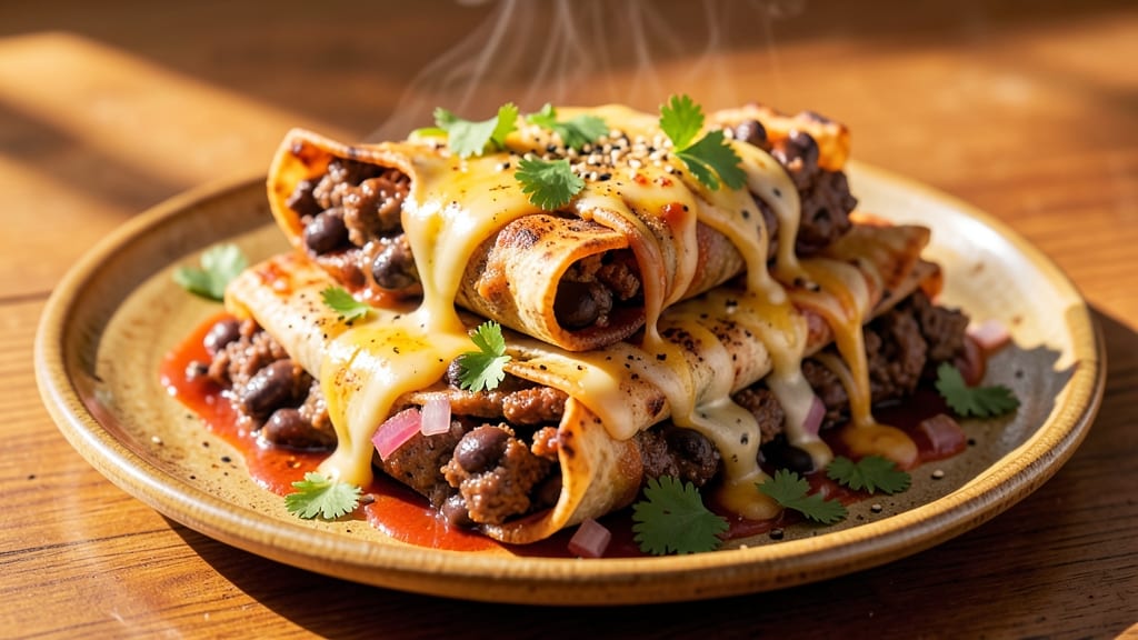 Beef and Black Bean Enchiladas Recipe: Crispy Tortilla Layers With Smoky Cumin Cheese