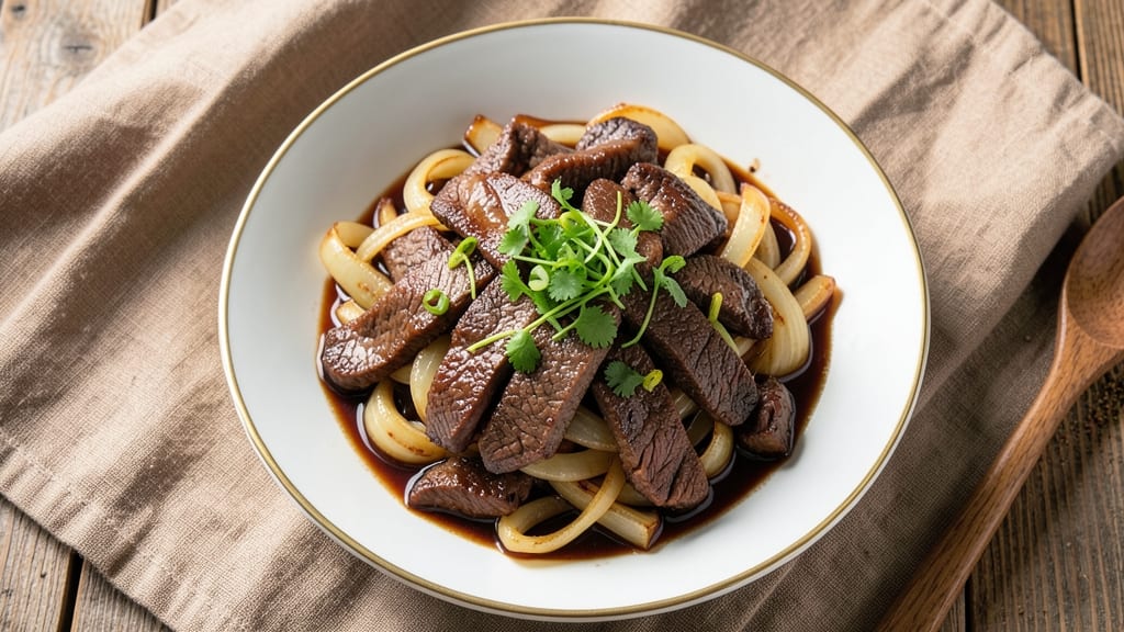 Authentic Chinese Mongolian Beef Recipe: Stir-Fried Sweetness with Crispy Onion Crowns