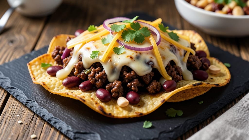 Beef and Bean Nachos Recipe: Crunchy Tortilla Crowns Over Melted Cheese Rivers