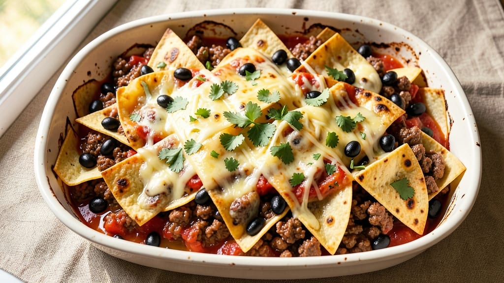 Beef and Bean Burrito Casserole Recipe: Crispy Tortilla Crowns Over Cheesy Beef Rivers