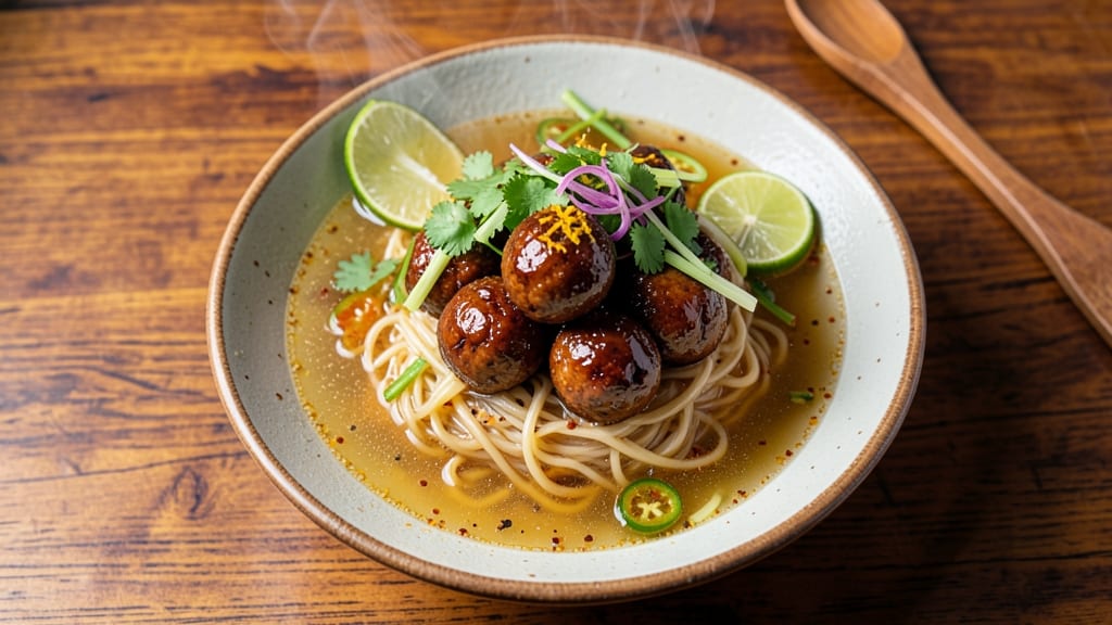 Beef Ball Pho Recipe: Charred Beef Bites in Fragrant Ginger-Basil Broth