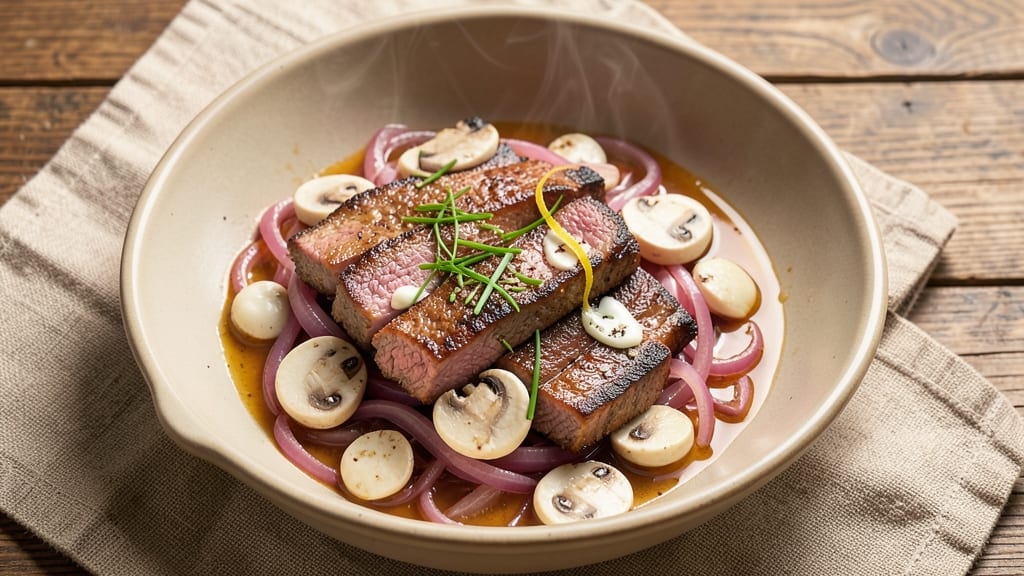 Air Fryer Beef Stroganoff Recipe: Crispy Onion Top Over Creamy Mushroom Sauce