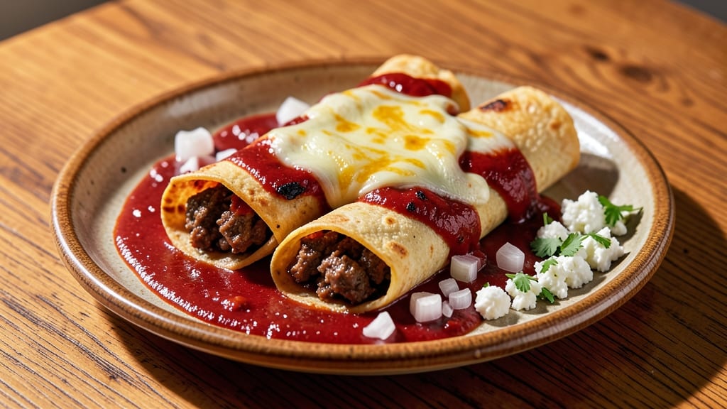 Authentic Beef Enchiladas Recipe With Red Sauce: Smoky Tortilla Crunch Over Melted Cheese Rivers