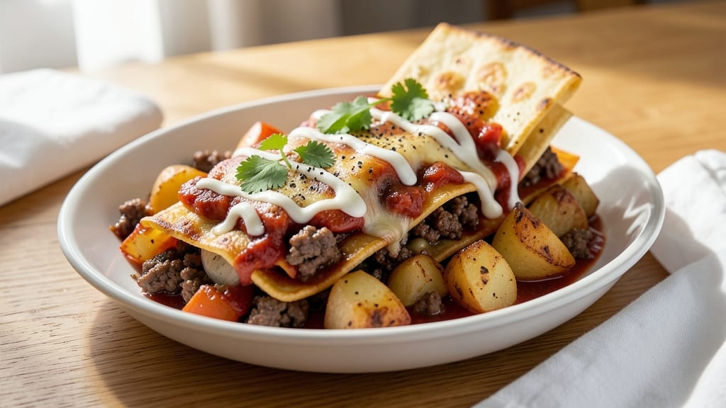 Beef and Potato Enchiladas Recipe: Crispy Tortilla Crowns Over Smoky Cheese Rivers