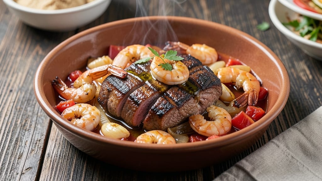 Beef and Shrimp Recipe: Spiced Tomato-Basil Stew With Crispy Tortilla Crowns