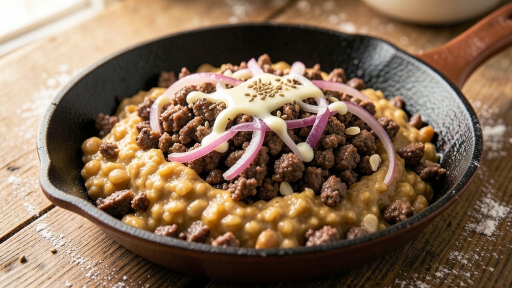 Beef and Refried Bean Taco Filling Recipe: Crispy-Topped Protein-Packed One-Skillet Meal