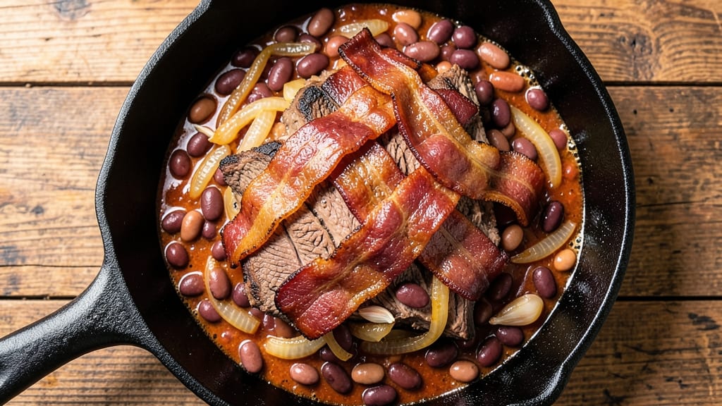 Baked Beans With Beef and Bacon Recipe: Smoky Bacon Crunch and Fall-Apart Meat