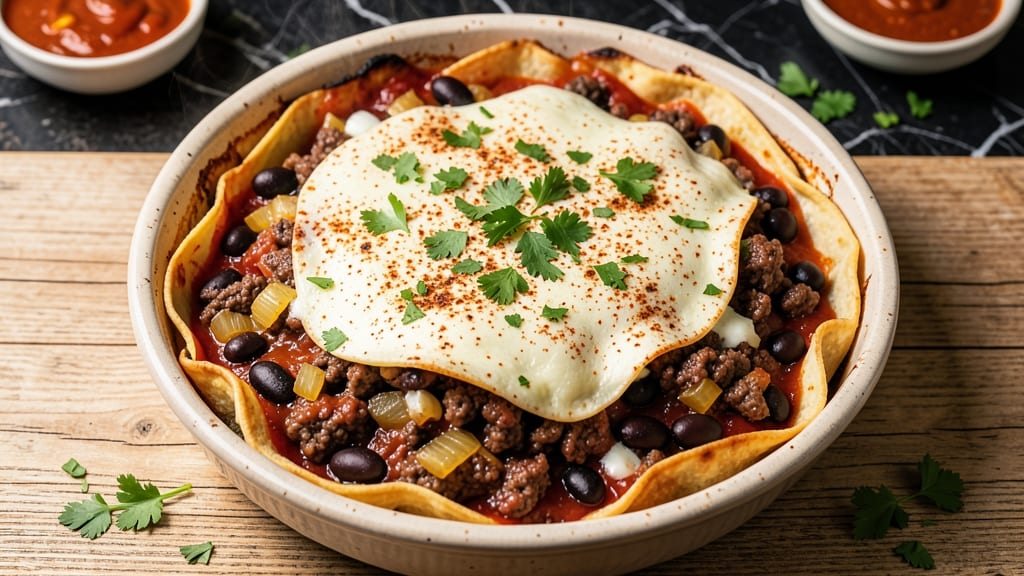 Beef and Bean Enchilada Casserole Recipe: Crispy Tortilla Crowns Over Spiced Cheese Layers