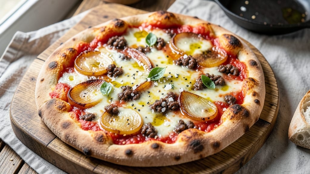 Beef and Onion Pizza Recipe: Crispy Caramelized Topping Over Melty Cheese