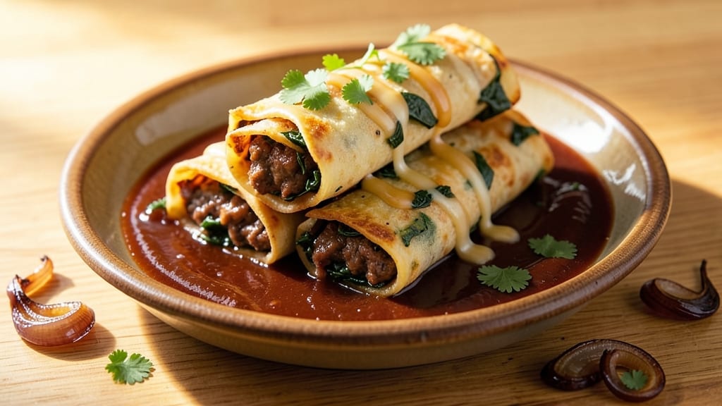 Beef and Spinach Enchiladas Recipe: Crispy Tortilla Layers with Melted Cheese Rivers