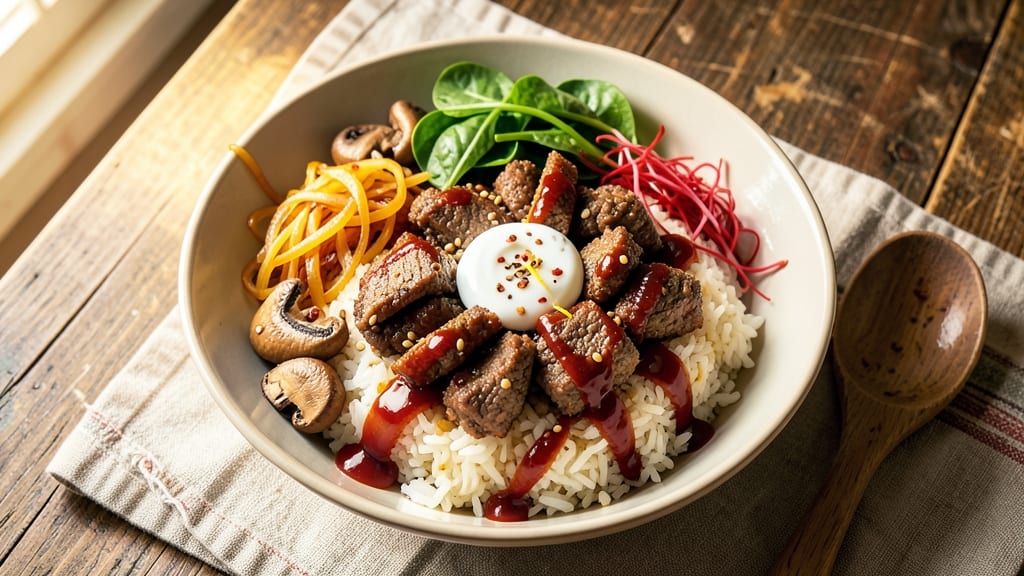 Beef Bibimbap Bowl Recipe: Crispy Fried Egg Topped with Tangy Gochujang Sauce