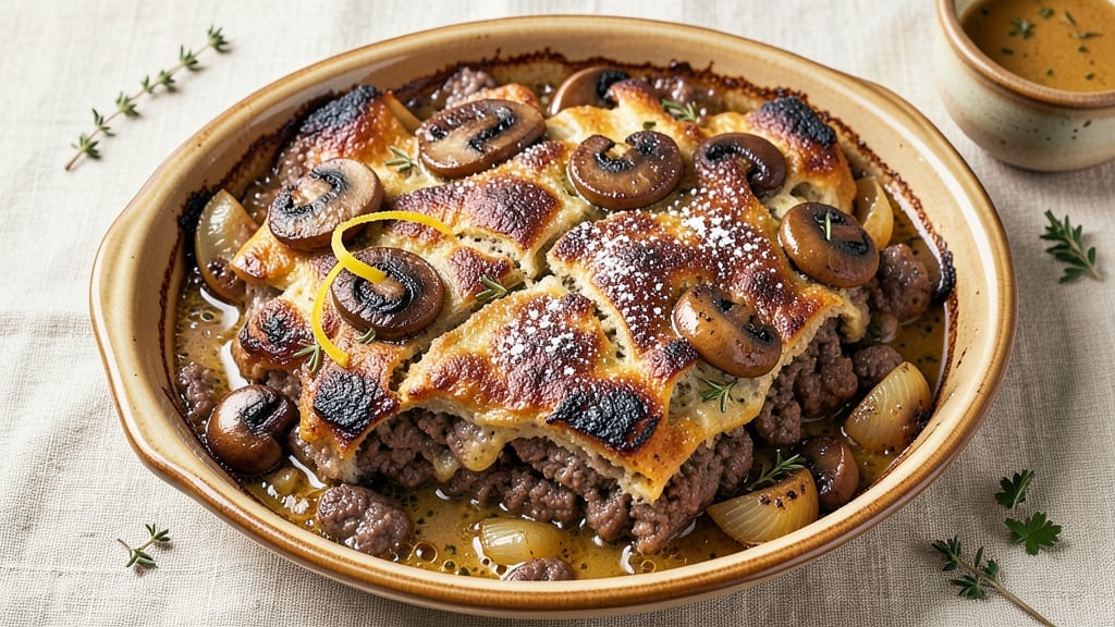 Beef and Mushroom Casserole Recipe: Crispy Top, Melty Cheese Rivers