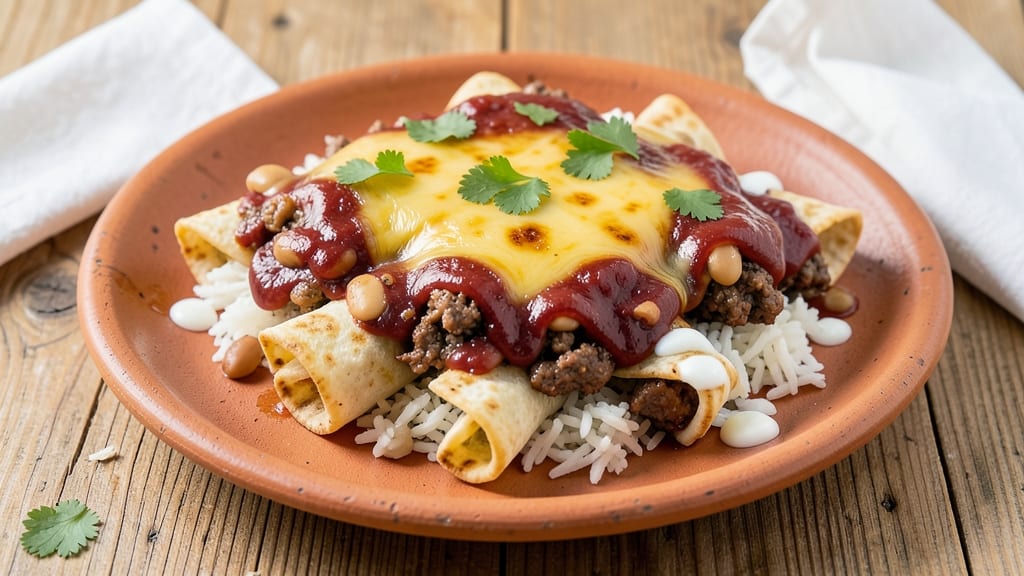 Beef Bean and Rice Enchilada Recipe: Smoky Tortilla Crunch Over Melty Cheese Layers