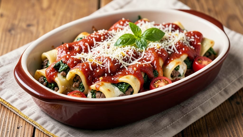 Beef and Spinach Manicotti Recipe: Baked Pasta Layers With Rich Ricotta and Tomato